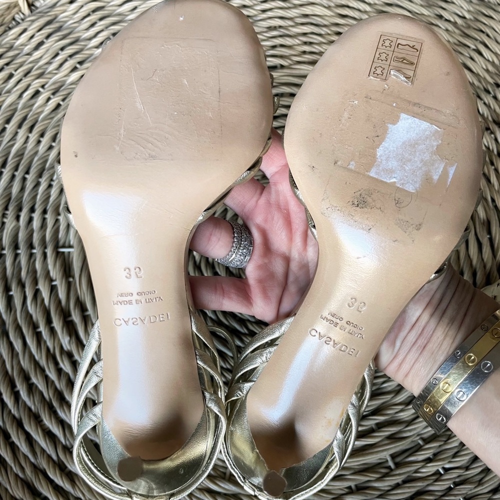 Casadei Gold Leather Strappy Woven Heeled Sandals - Picture 11 of 13